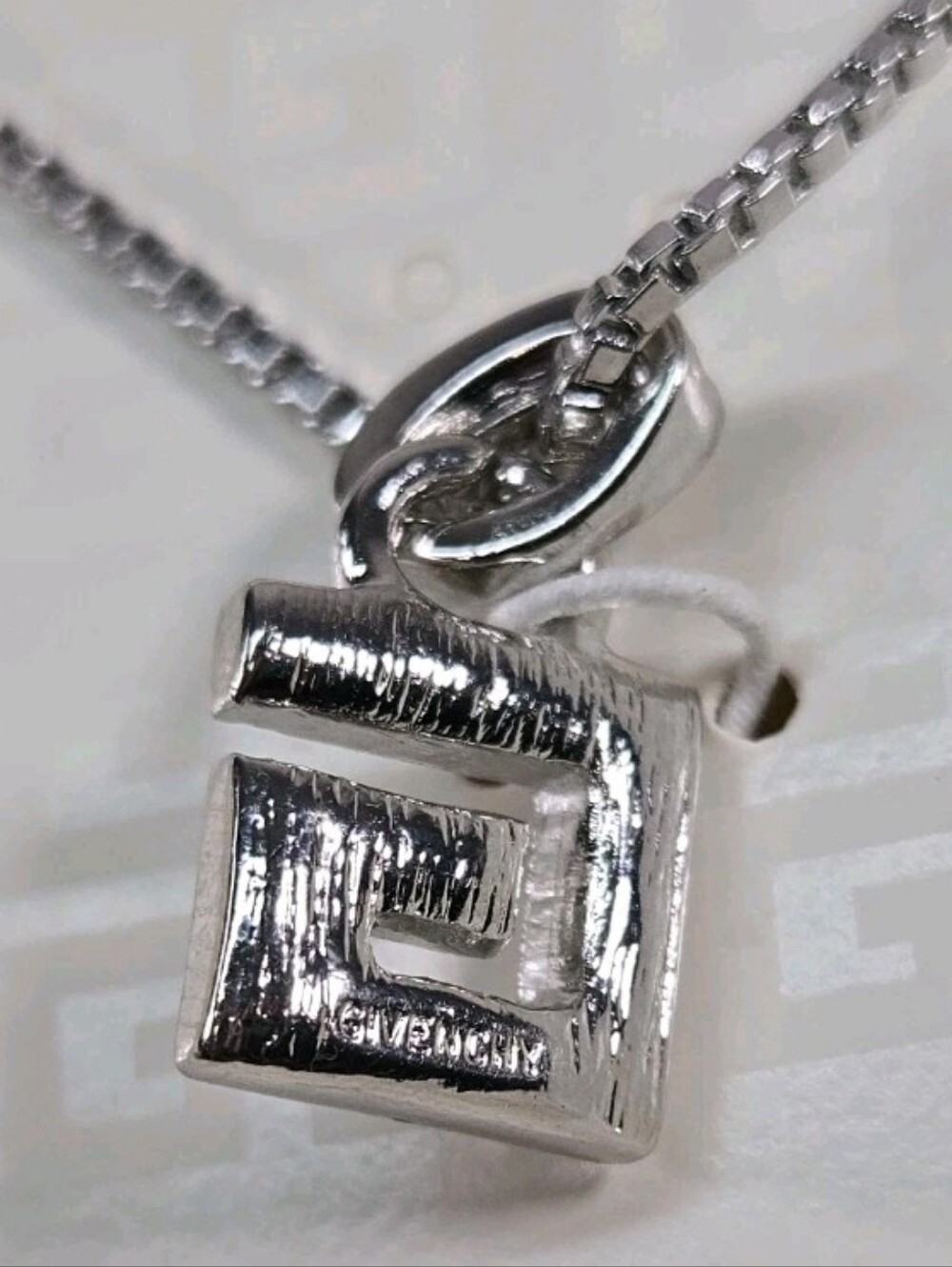 Givenchy G Logo Crystal Square Pendant Silver Tone Necklace/ Never Worn - Picture 8 of 8